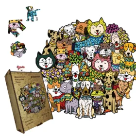 Drvene puzzle u drvenoj kutiji psi i mačke